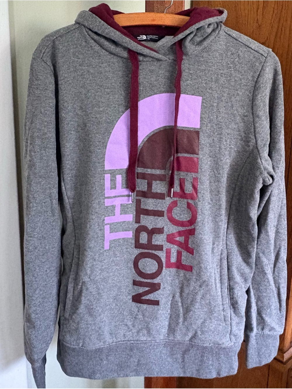 The North Face Gray Hoodie with Pink and Maroon Logo ladies large